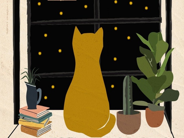 猫夜の窓イラスト